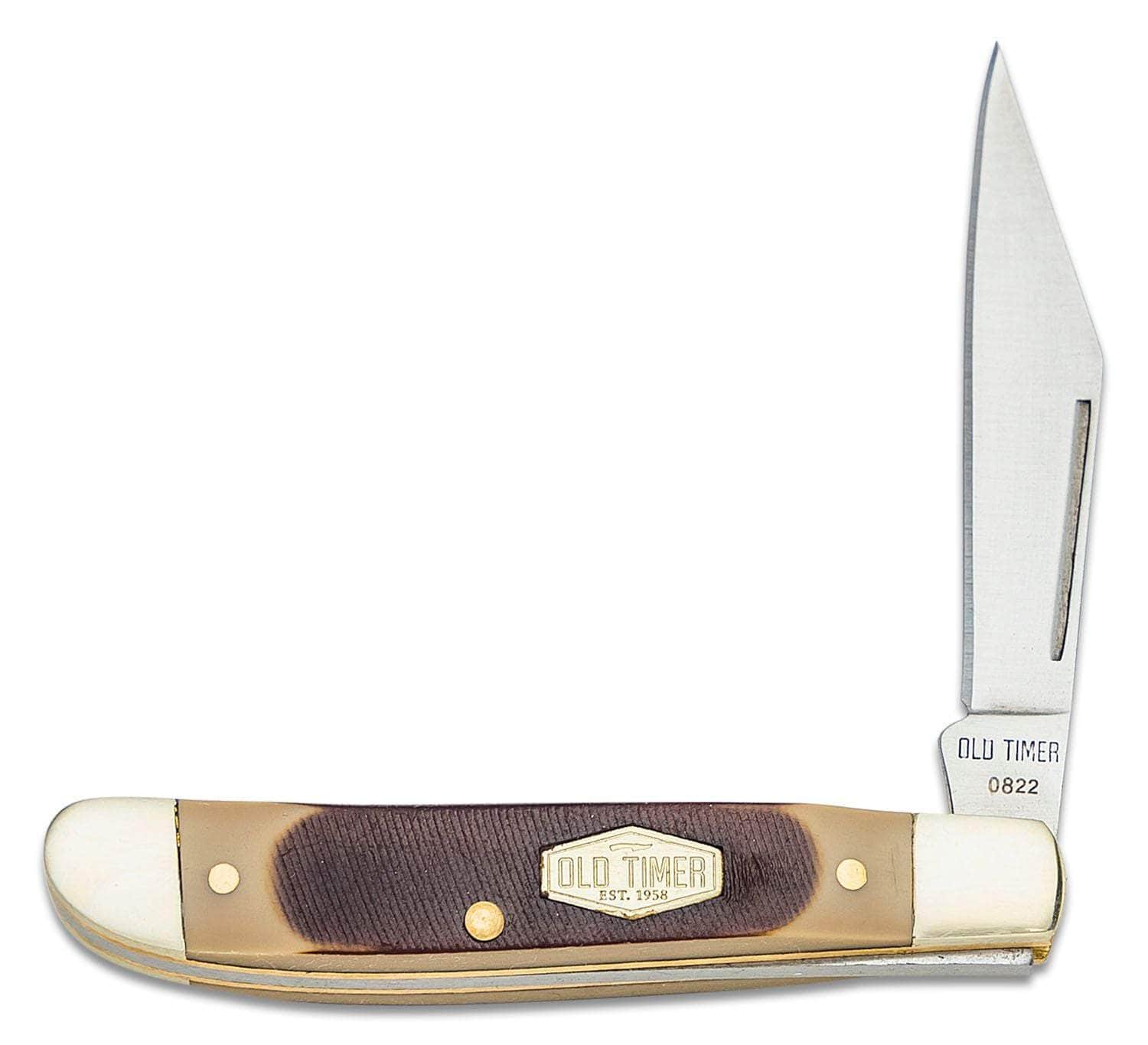 Schrade 12OT Old Timer Pal Pocket Knife 2.75" Closed, Brown Sawcut Delrin Handles with Nickel Bolsters, Slipjoint (non-locking)