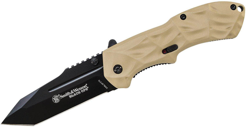 Smith & Wesson Black Ops 3 MAGIC Assisted Flipper Knife 3.4" Black Plain Tanto Blade, Desert Tan Aluminum Handles, Liner Lock - SWBLOP3TD