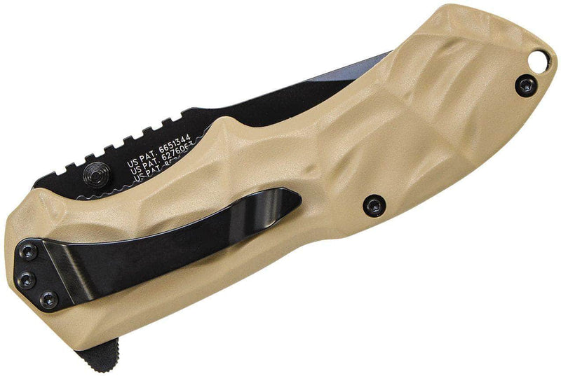 Smith & Wesson Black Ops 3 MAGIC Assisted Flipper Knife 3.4" Black Plain Tanto Blade, Desert Tan Aluminum Handles, Liner Lock - SWBLOP3TD