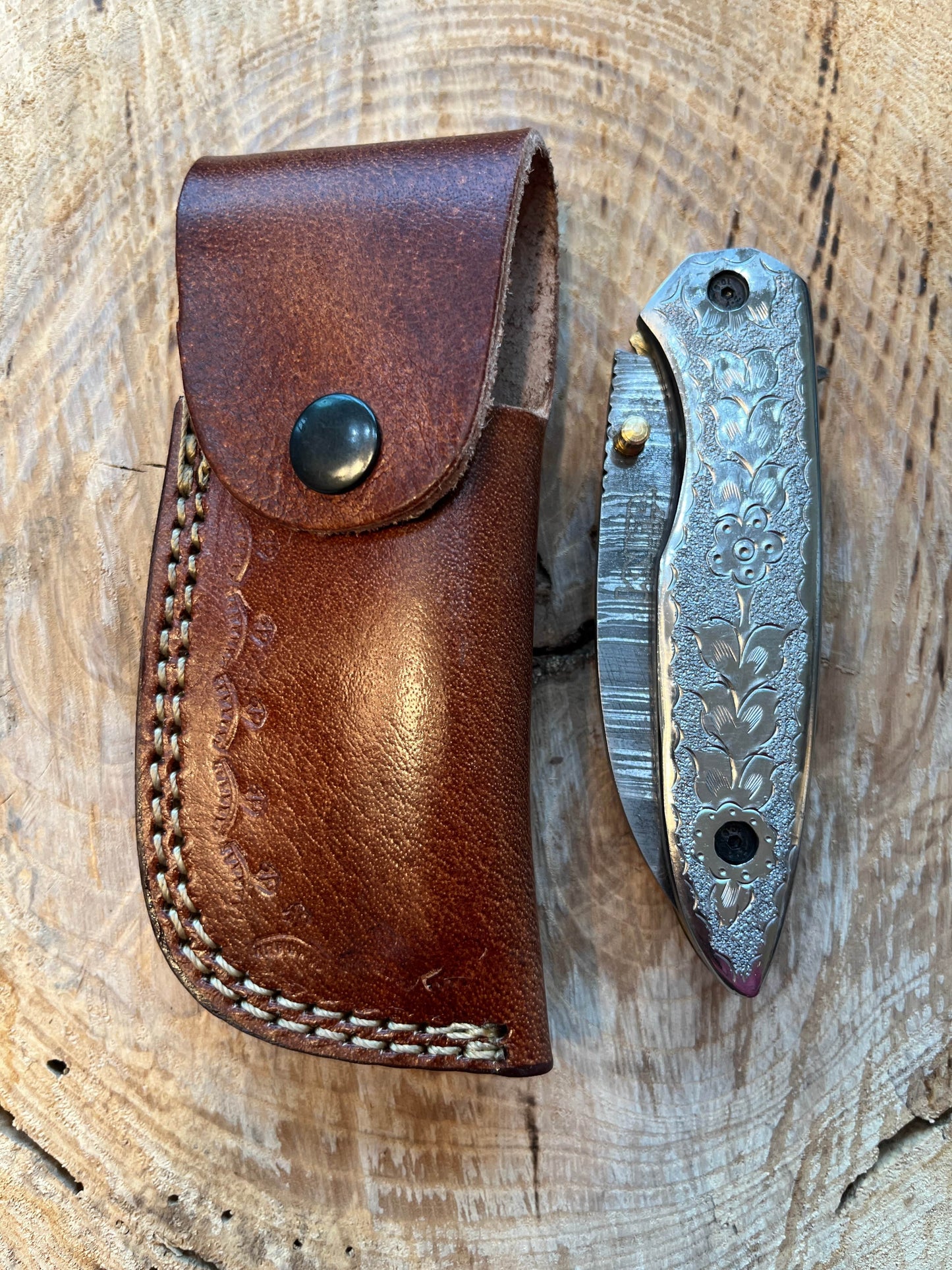 Custom Damascus Hand Engraved Steel Handle 3.5" Blade