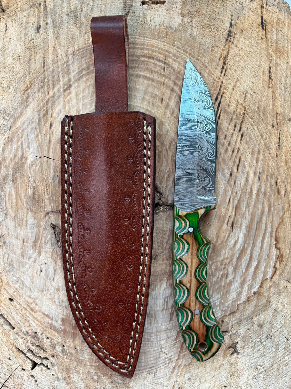 Custom Damascus Steel Knife - Green Wood Handle - 4.5" Full Tang Hunting & Camping Knife