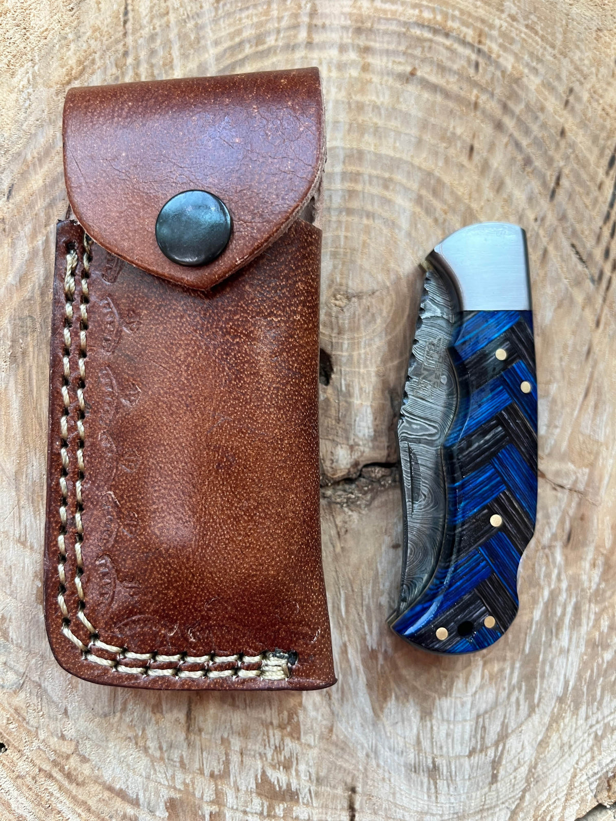 Custom Damascus Steel Blue Wood Chevron Pocket Knife 3" Blade