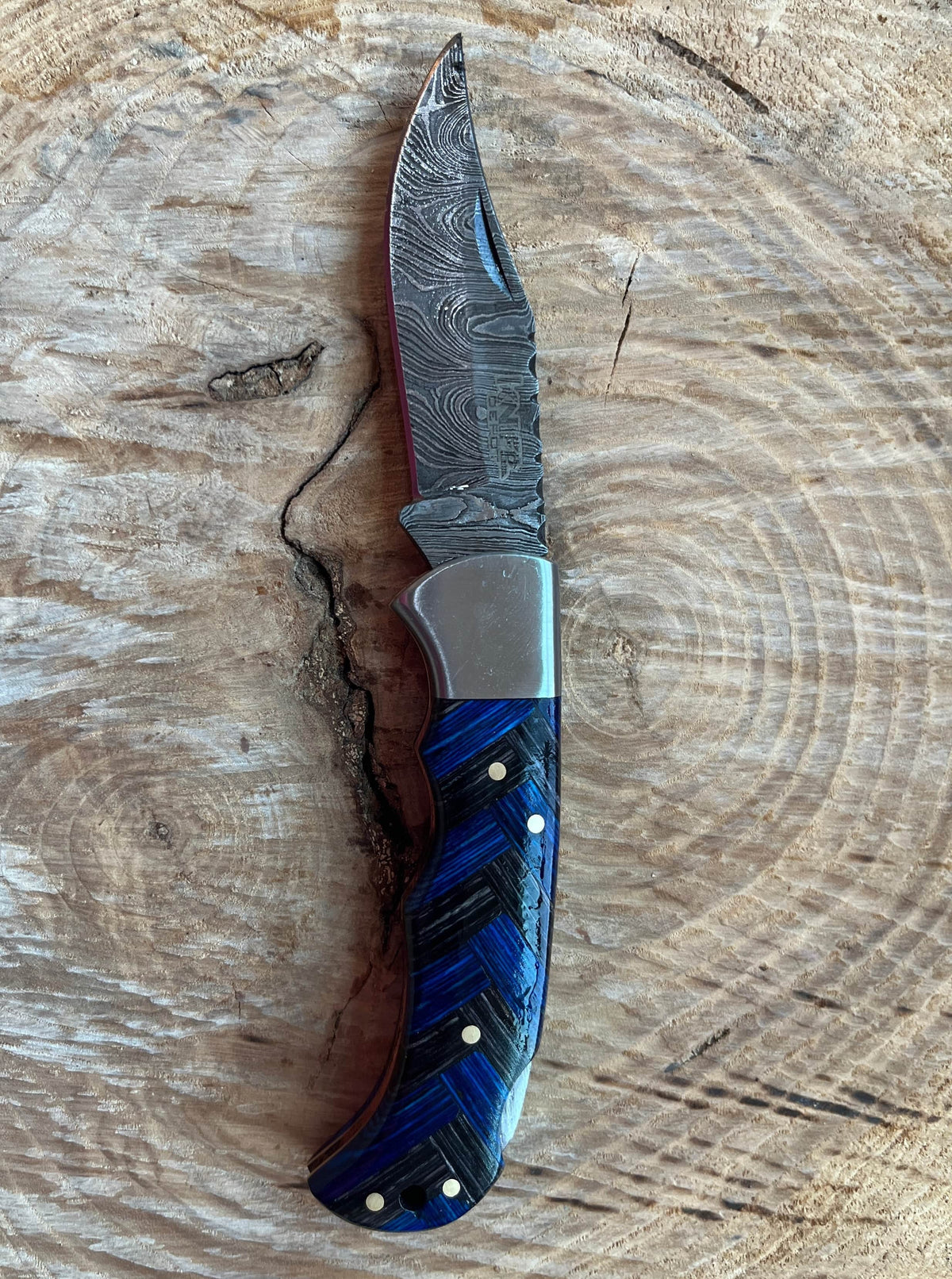 Custom Damascus Steel Blue Wood Chevron Pocket Knife 3" Blade