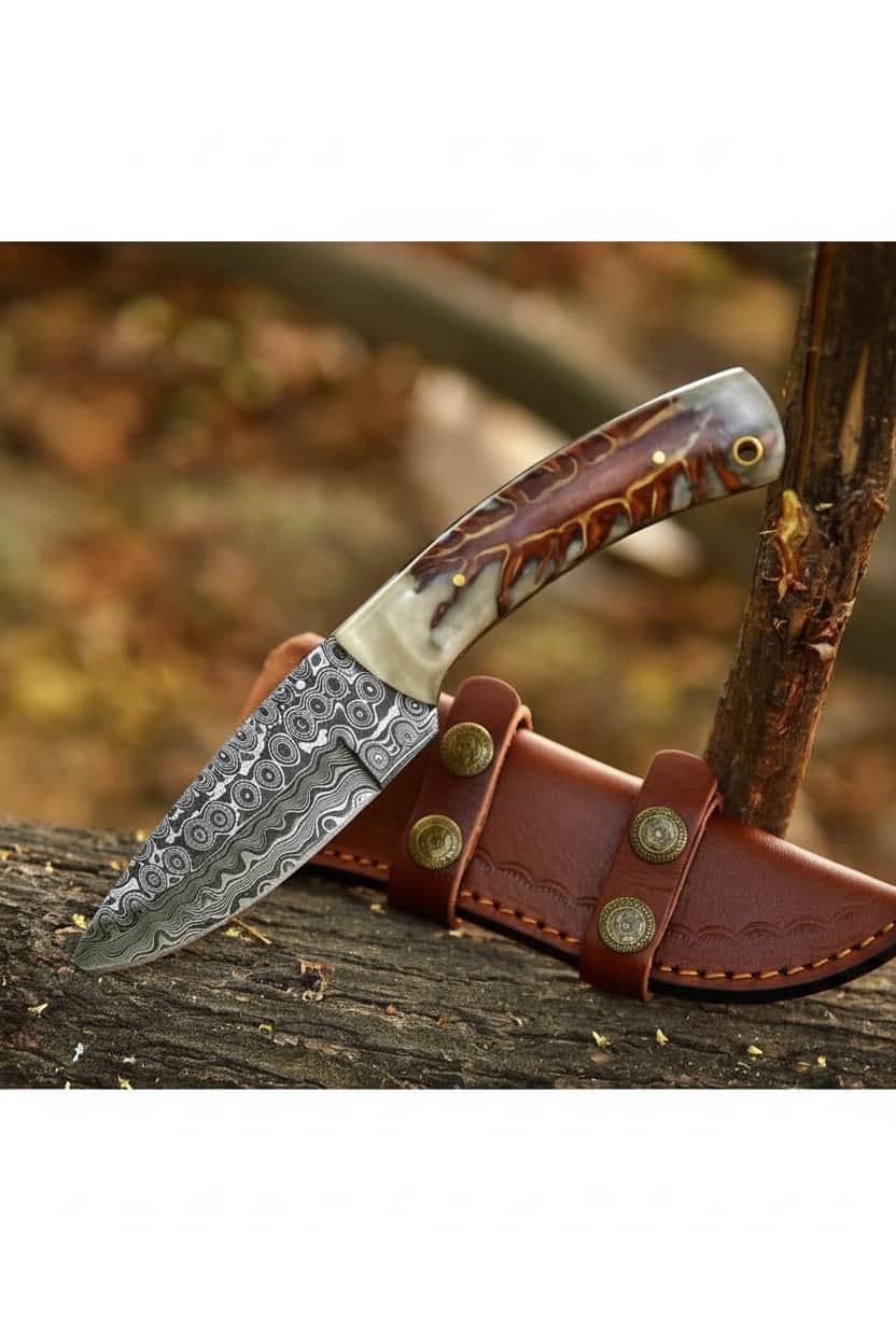 Handcrafted Damascus Hunter – Resin & Antler Handle
