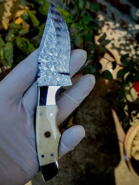 Damascus Steel Mini Cleaver Fixed Blade Knife – Bone Handle, Mosaic Pin, Polished Bolster