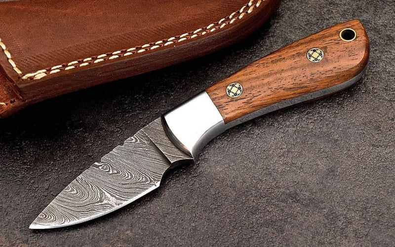 Damascus Steel Fixed Blade Knife – Drop Point, Wood Handle, Mosaic Pins, Leather Sheath
