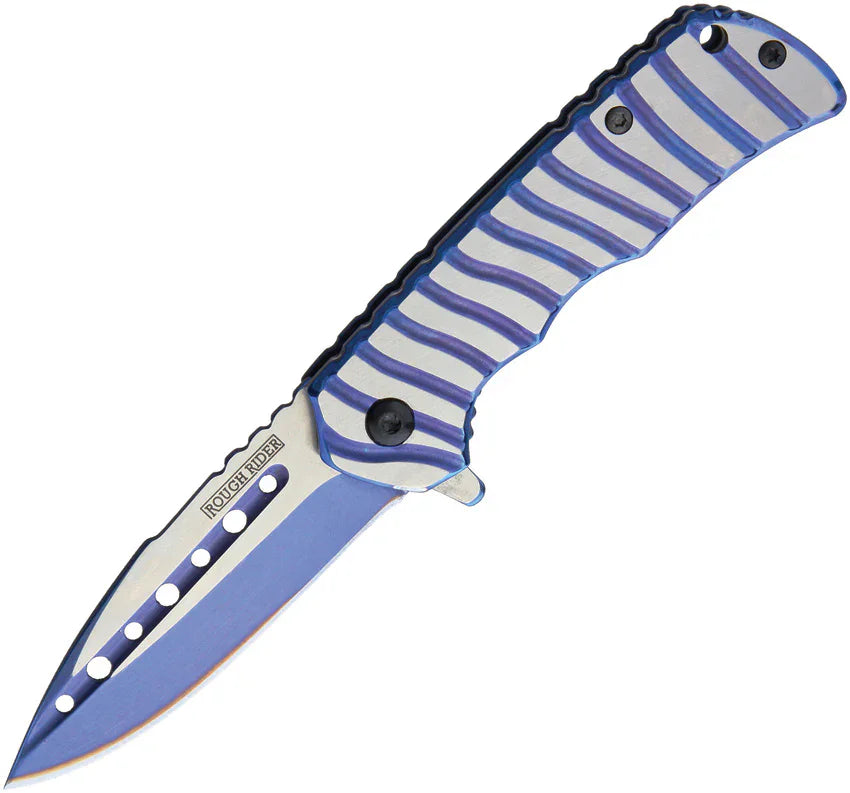 ROUGH RIDER FRAMELOCK A/O FOLDING DROP PT BLADE BLUE & SILVER HANDLE KNIFE 1818