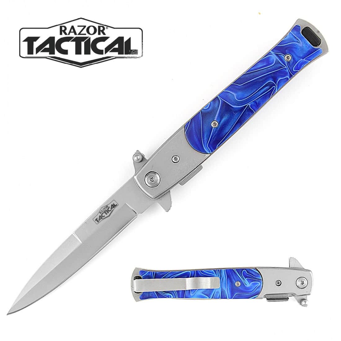 Razor Tactical Stiletto Style Quick Assist knife W/ Blue Pearl Handle