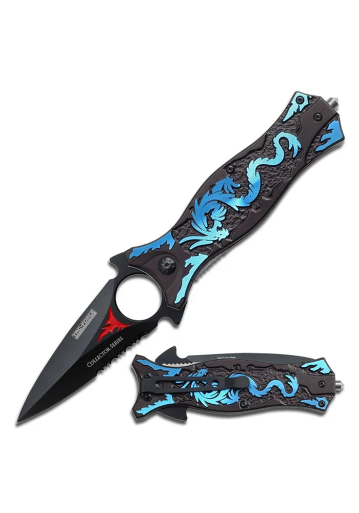 TAC Force TF-707BL Series Assisted Opening Folding Knife, Black Half-Serrated Blade, Dragon Handle
