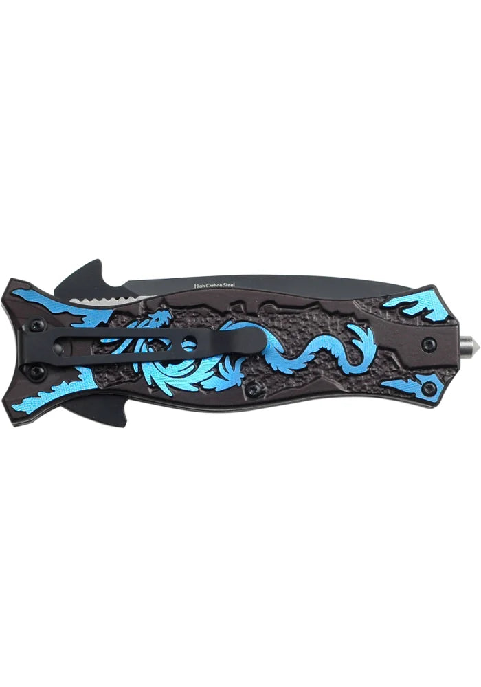 TAC Force TF-707BL Series Assisted Opening Folding Knife, Black Half-Serrated Blade, Dragon Handle