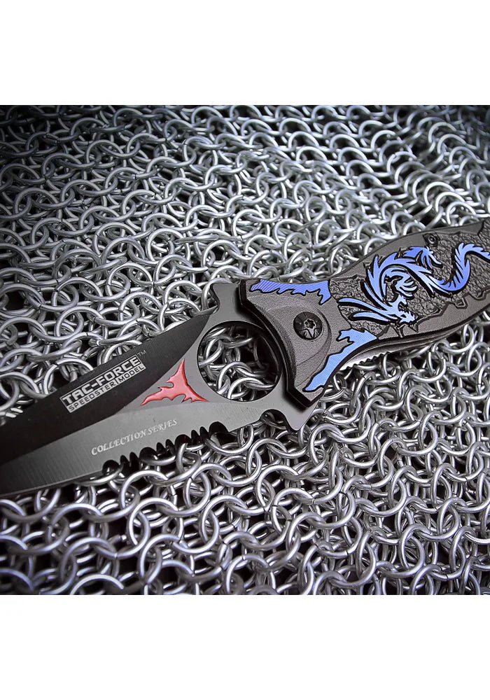 TAC Force TF-707BL Series Assisted Opening Folding Knife, Black Half-Serrated Blade, Dragon Handle