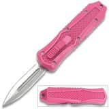 Legends Micro OTF Double Edge Knife – 2” Satin Dagger Blade | Pink 7075 Aluminum Handle | T994PK
