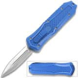 Legends Micro OTF Double Edge Knife – 2” Satin Dagger Blade | Blue 7075 Aluminum Handle | T994BL
