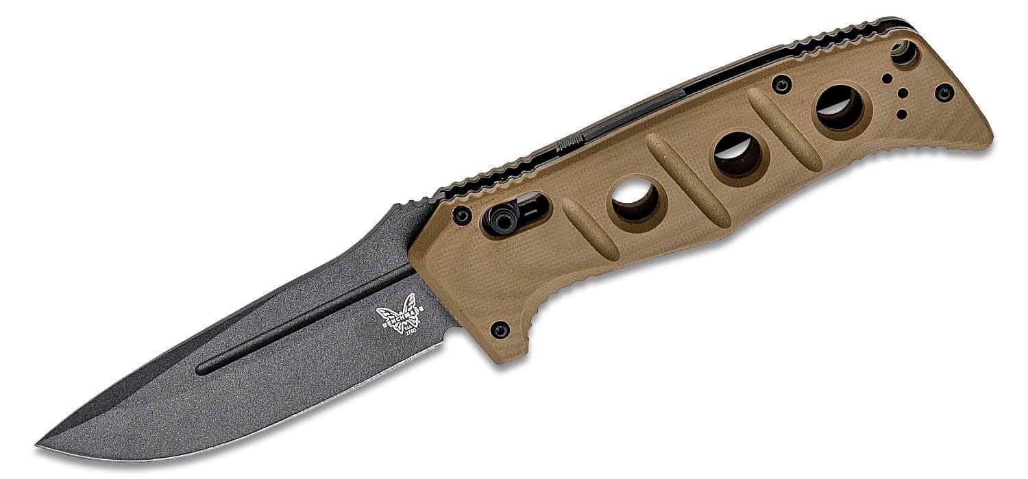 Benchmade 2750GY-3 Shane Sibert AUTO Adamas Folding Knife 3.78" CruWear Tungsten Gray Plain Blade, Desert Tan G10 Handles, Ballistic Nylon Sheath