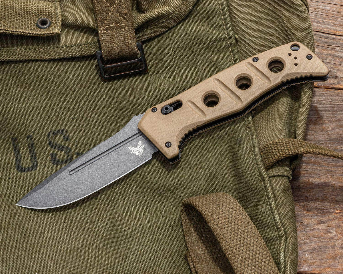 Benchmade 2750GY-3 Shane Sibert AUTO Adamas Folding Knife 3.78" CruWear Tungsten Gray Plain Blade, Desert Tan G10 Handles, Ballistic Nylon Sheath