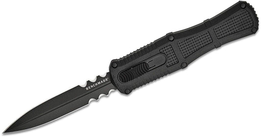 Benchmade 3370SGY Claymore OTF AUTO Knife 3.89" CPM-D2 Smoke Gray PVD Double Combo Edge Dagger Blade, Black Grivory Handle