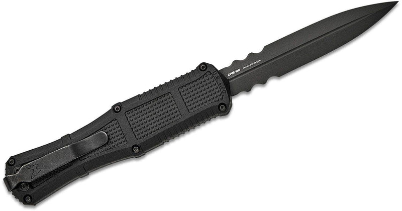 Benchmade 3370SGY Claymore OTF AUTO Knife 3.89" CPM-D2 Smoke Gray PVD Double Combo Edge Dagger Blade, Black Grivory Handle