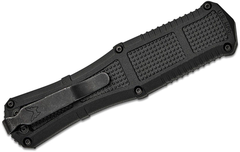 Benchmade 3370SGY Claymore OTF AUTO Knife 3.89" CPM-D2 Smoke Gray PVD Double Combo Edge Dagger Blade, Black Grivory Handle