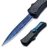 OTF Damascus Pattern Blue Blade Double Edge Carbon Fiber Handle OTFM-80-BLD