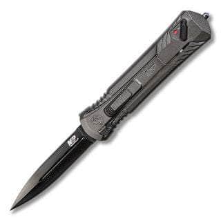 Smith & Wesson OTF Assisted Knife 3.5" Black Double Edge Blade, Gray Aluminum Handles, Slide Lock - 1084314