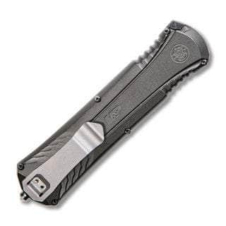 Smith & Wesson OTF Assisted Knife 3.5" Black Double Edge Blade, Gray Aluminum Handles, Slide Lock - 1084314