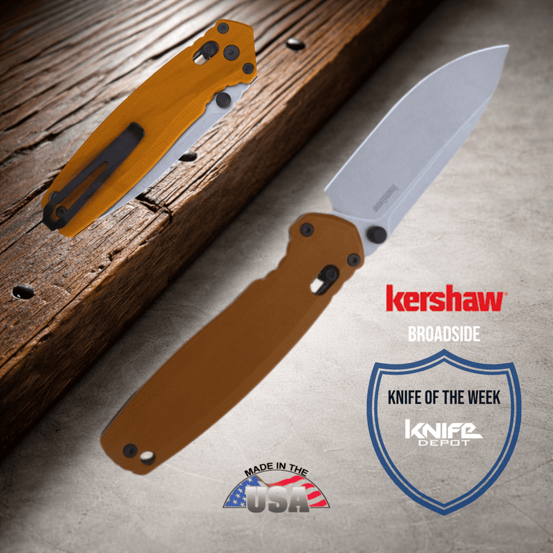 Kershaw Broadside Folding Knife, 3.5" D2 Spear Point Blade, Tan G-10 Handle