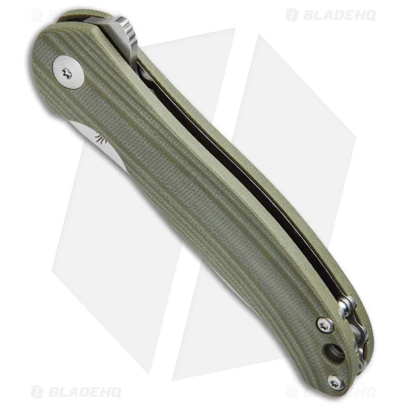 Spine view of the Kizer Bad Dog V3463A2 folding knife with green G-10 handle