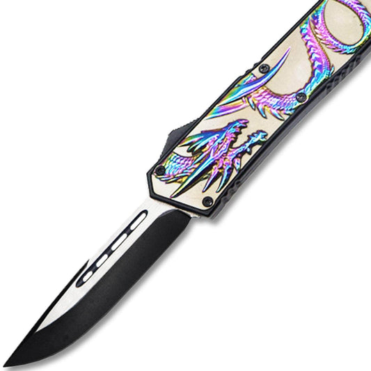 Straight Edge Dragon Flagship OTF Knife Clip Point
OTFL-115RB

Push the swift and beautiful blade out the front via a forced-assisted-action lever and let it charge your spirit with vigor! Assist the blade back in via pushing the same assisted lever again