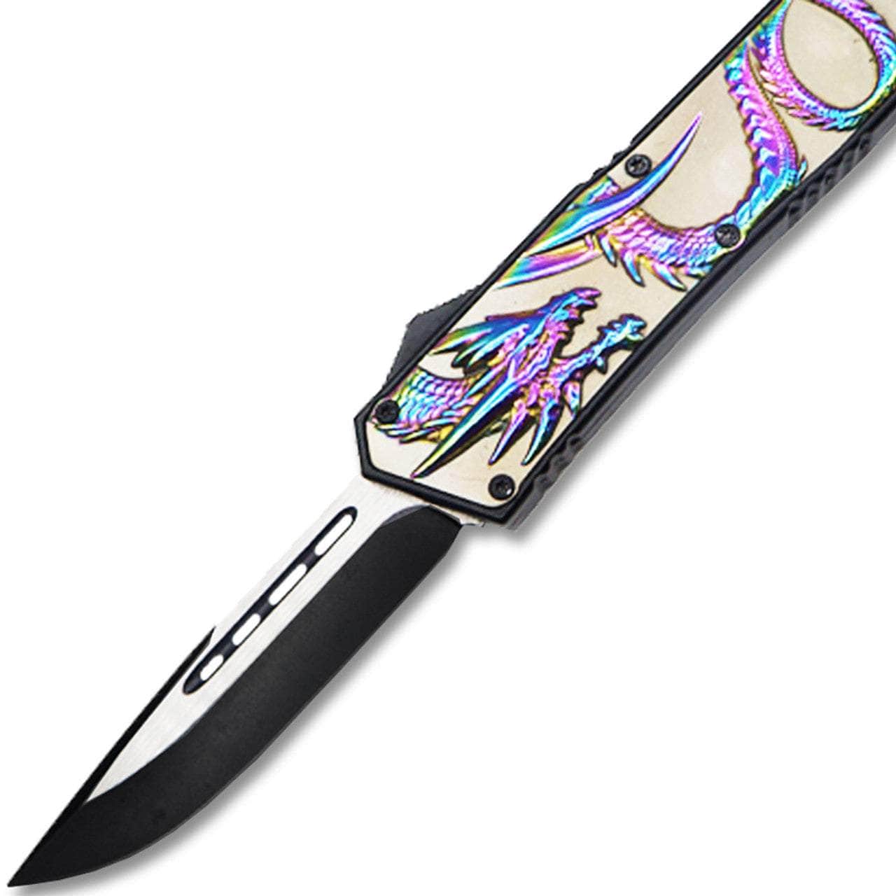 Straight Edge Dragon Flagship OTF Knife Clip Point OTFL-115RB Push the swift and beautiful blade out the front via a forced-assisted-action lever and let it charge your spirit with vigor! Assist the blade back in via pushing the same assisted lever again