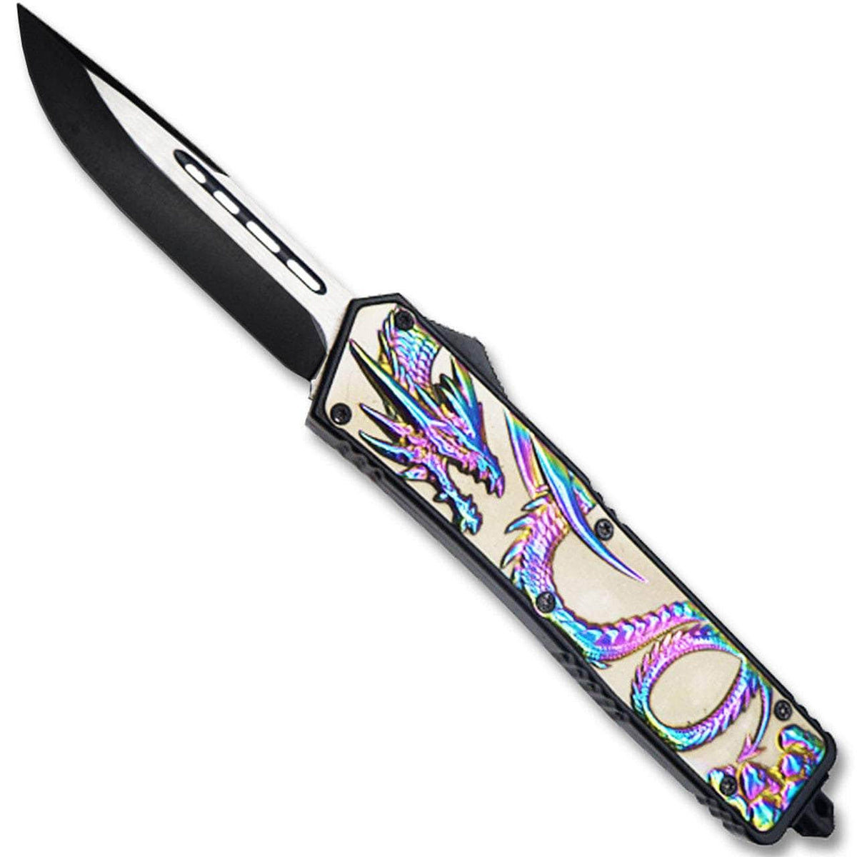 Straight Edge Dragon Flagship OTF Knife Clip Point
OTFL-115RB

Push the swift and beautiful blade out the front via a forced-assisted-action lever and let it charge your spirit with vigor! Assist the blade back in via pushing the same assisted lever again