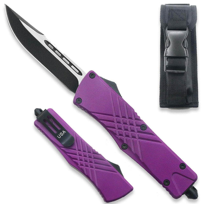 Purple Straight Edge Demolisher OTF Knife - Clip Plain USA OTFL-13PL