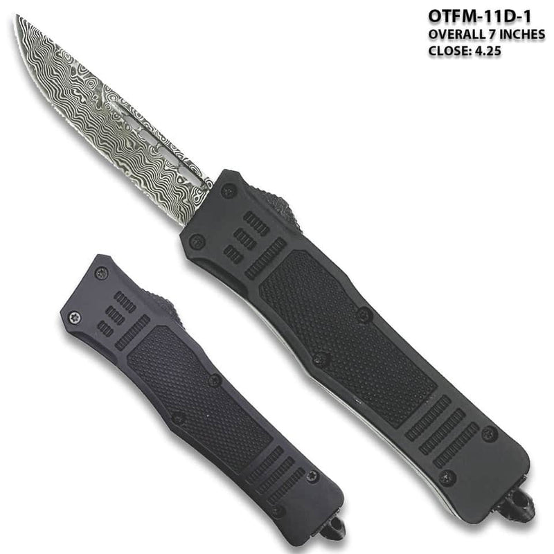Black Legacy Edge OTF Knife Drop Point, Edged Damascus Pattern Blade
