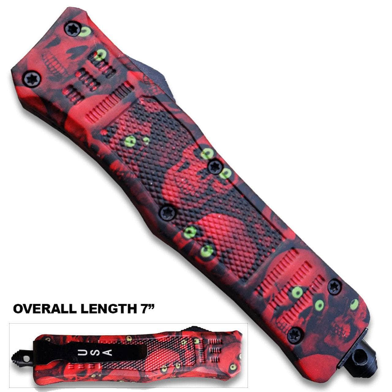 7"Overall Drop Point Edged Red Zombie OTF Knife With Green Eye OTFM-11RSK