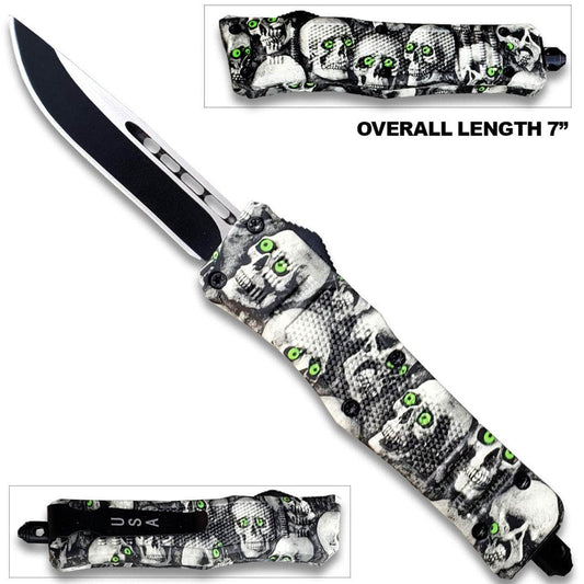 3D Skull with Black & White Zombie Tanto Blade OTF Knife OTFL-12TSK