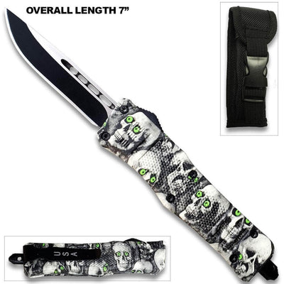 3D Skull with Black & White Zombie Tanto Blade OTF Knife OTFL-12TSK