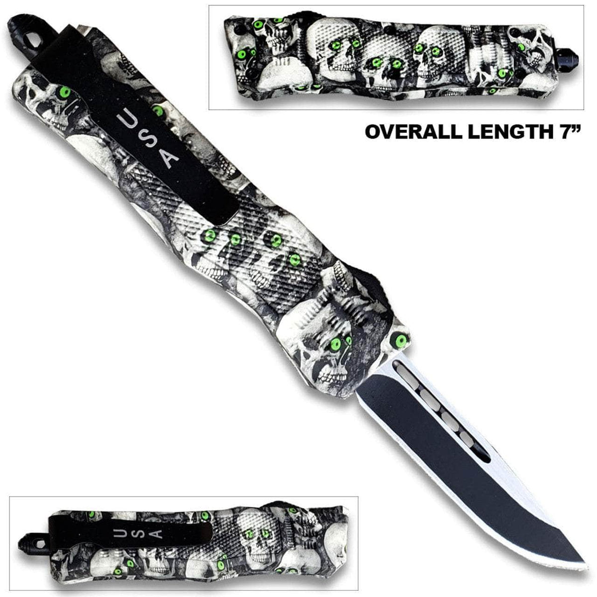 3D Skull with Black & White Zombie Tanto Blade OTF Knife OTFL-12TSK
