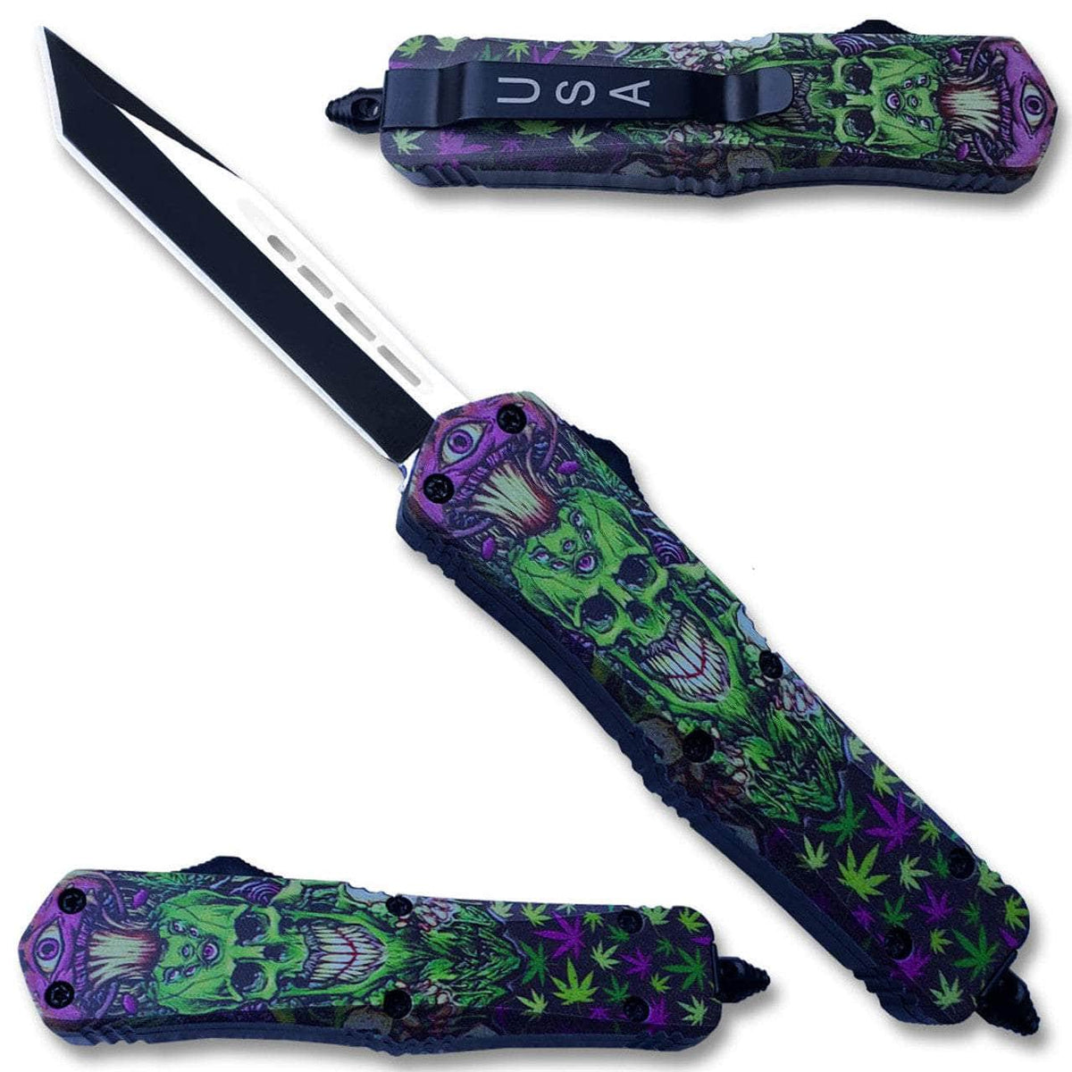 Green & Purple Skull Tanto Blade OTF Knife OTFM-22T