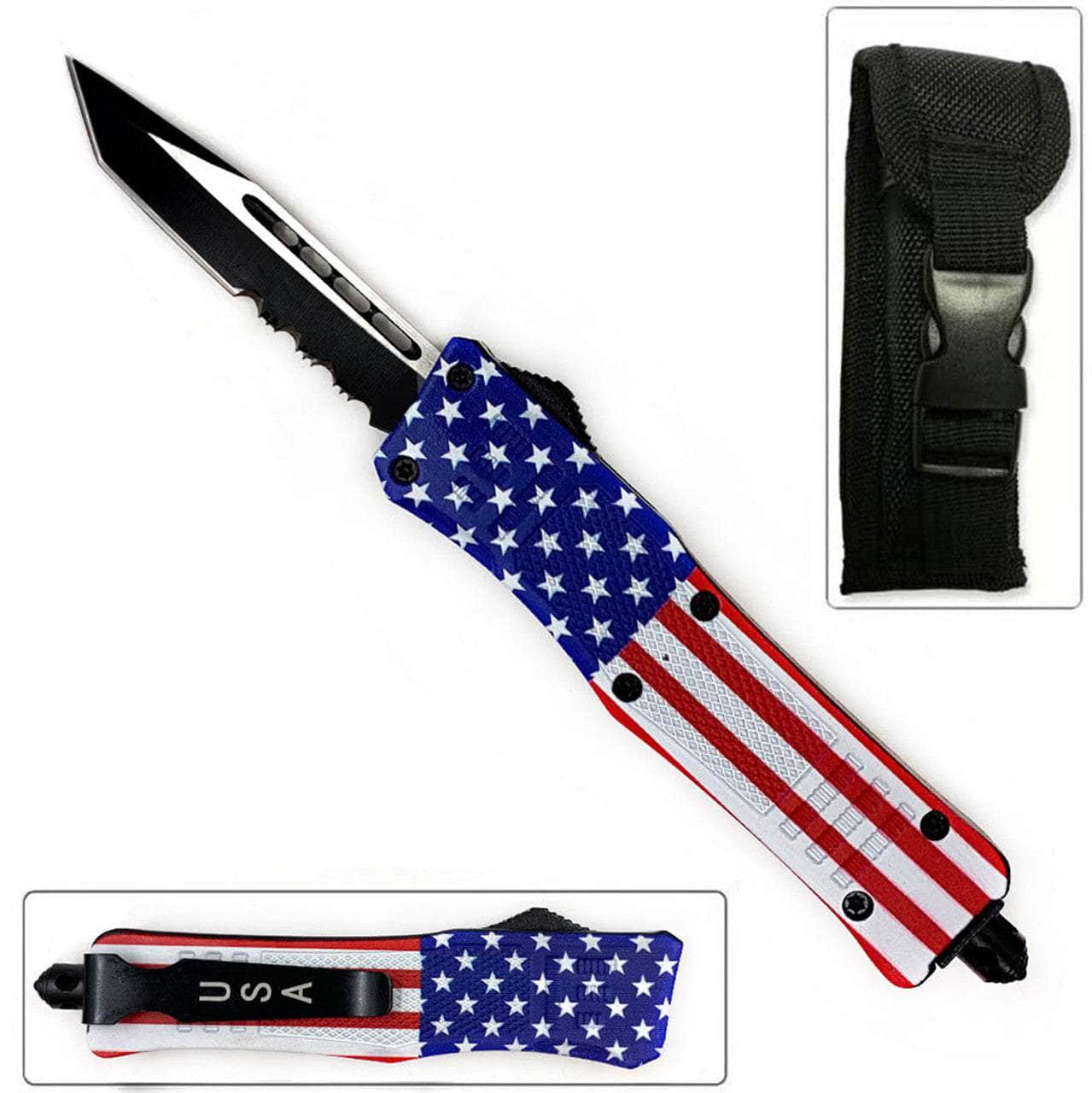 American Flag Swift OTF Knife Tanto Blade Serrated Edge OTFM-60-T