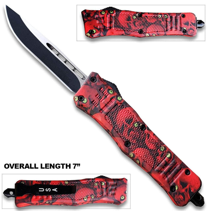 7"Overall Drop Point Edged Red Zombie OTF Knife With Green Eye
OTFM-11RSK