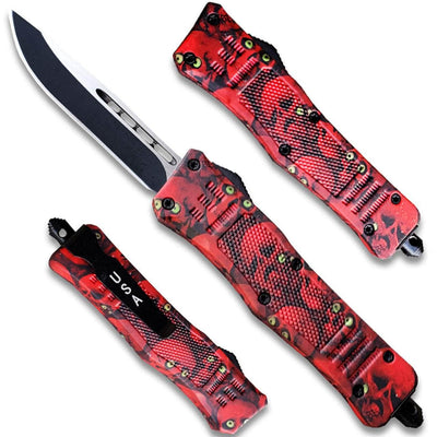 7"Overall Drop Point Edged Red Zombie OTF Knife With Green Eye
OTFM-11RSK