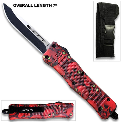 7"Overall Drop Point Edged Red Zombie OTF Knife With Green Eye
OTFM-11RSK