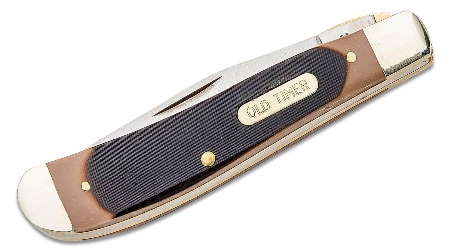 Schrade 194OT Old Timer Gunstock Trapper Lockblade 3.875" Closed, Brown Sawcut Delrin Handles with Nickel Silver Bolsters, Liner Lock