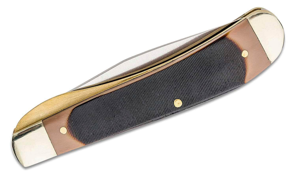 Schrade 194OT Old Timer Gunstock Trapper Lockblade 3.875" Closed, Brown Sawcut Delrin Handles with Nickel Silver Bolsters, Liner Lock