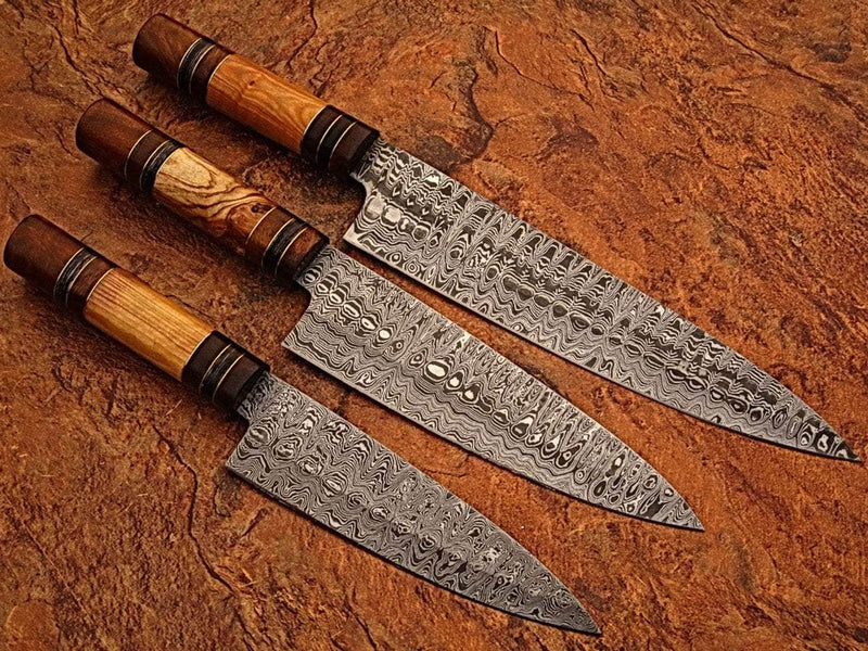 White Deer Damascus Chef Knife Set, 3 Knives with Olive Wood Handles - SDM-2262