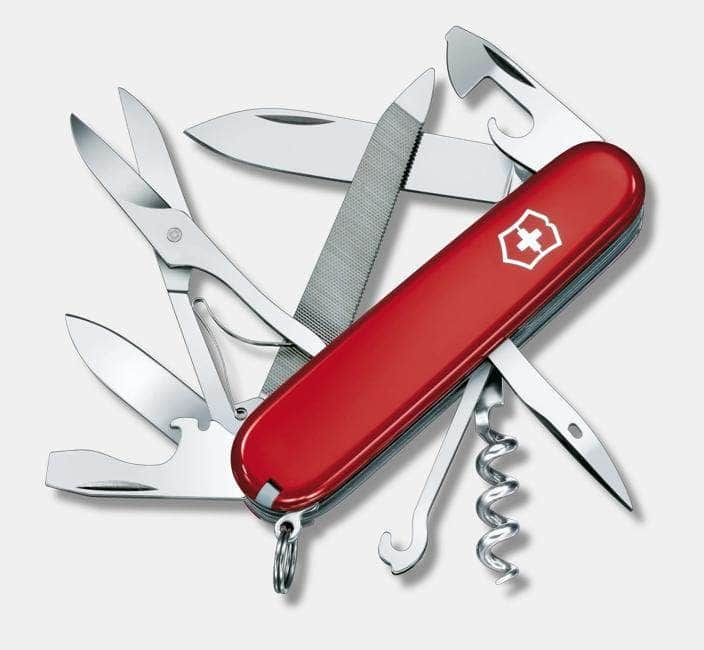 Victorinox Mountaineer red 91mm Swiss Army knife with tools shown