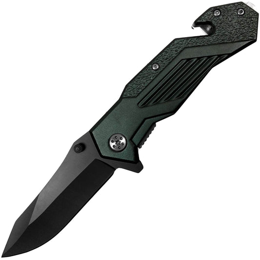 Alpha Tactical Glass Breaking Folding Knife, 3.25" Blade, Green Handle