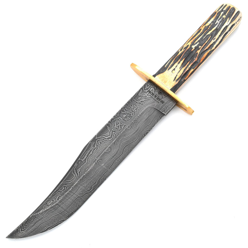 Bear & Son American Damascus Bowie Knife with Genuine India Stag Bone Handle - 502D