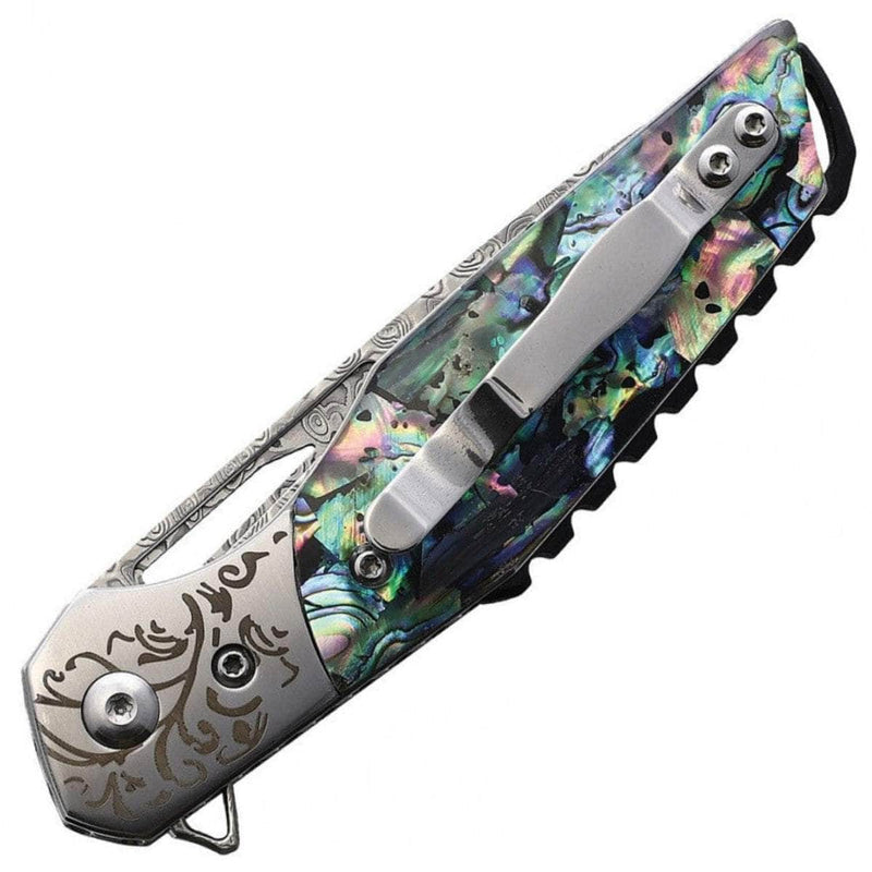 BnB Knives Abalone Flipper, 3" Damascus Blade, Abalone Handle, Sheath - BNB1991A