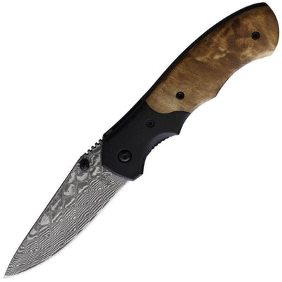 BnB Knives Damascus Army Folder, 3.125" Blade, Burlwood Handle - BNB142267