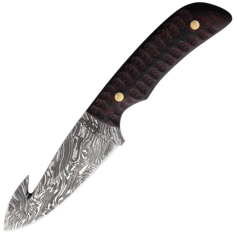 BnB Knives Damascus Guthook Hunter, 3.5" Blade, G10 Handle, Sheath - BNB92345D